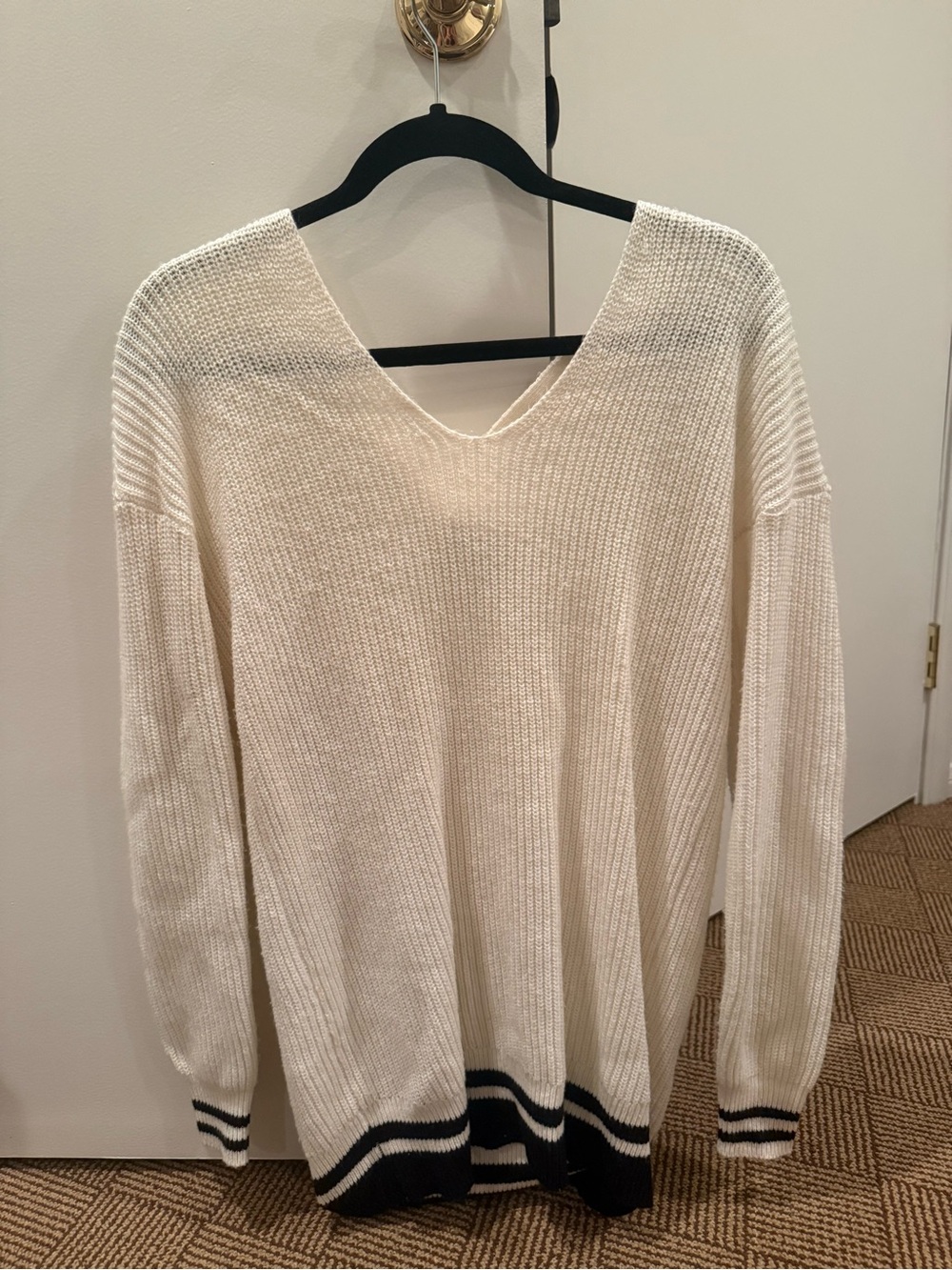 Cream Oversized V-Neck Ribbed Sweater with Black Stripe Detail